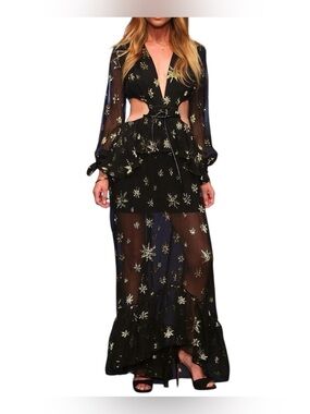 bec + bridge Silk Black Semi Sheer Maxi Dress with Gold Star Embellishments